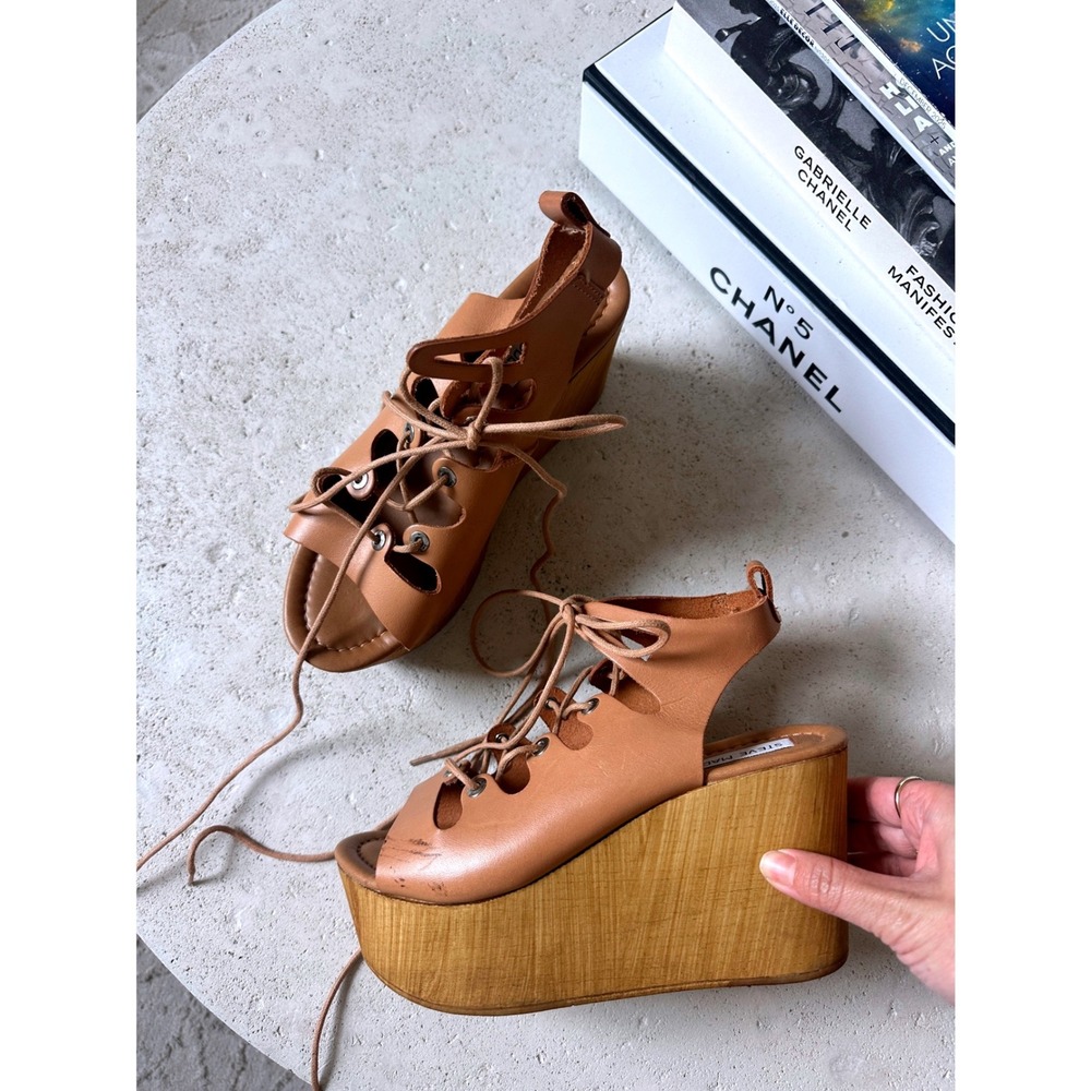 Steve Madden Tan Leather Lace Up Buxton Platform Wedge Sandals Wood Boho Heel 37